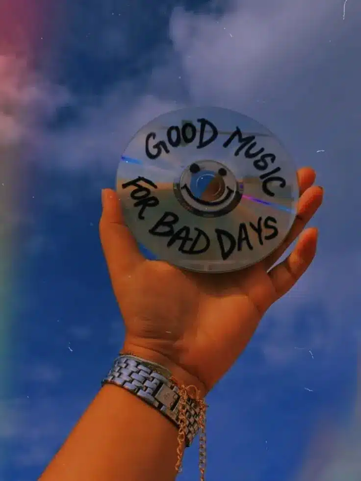 An image of disc with the words, 'good music for bad days' written on it.