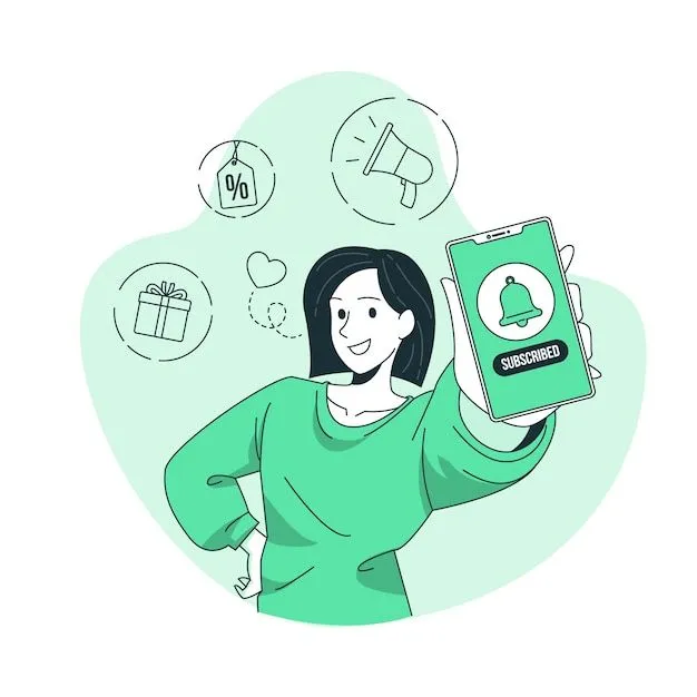 A lady holding a phone showcasing the word, "subscribed"